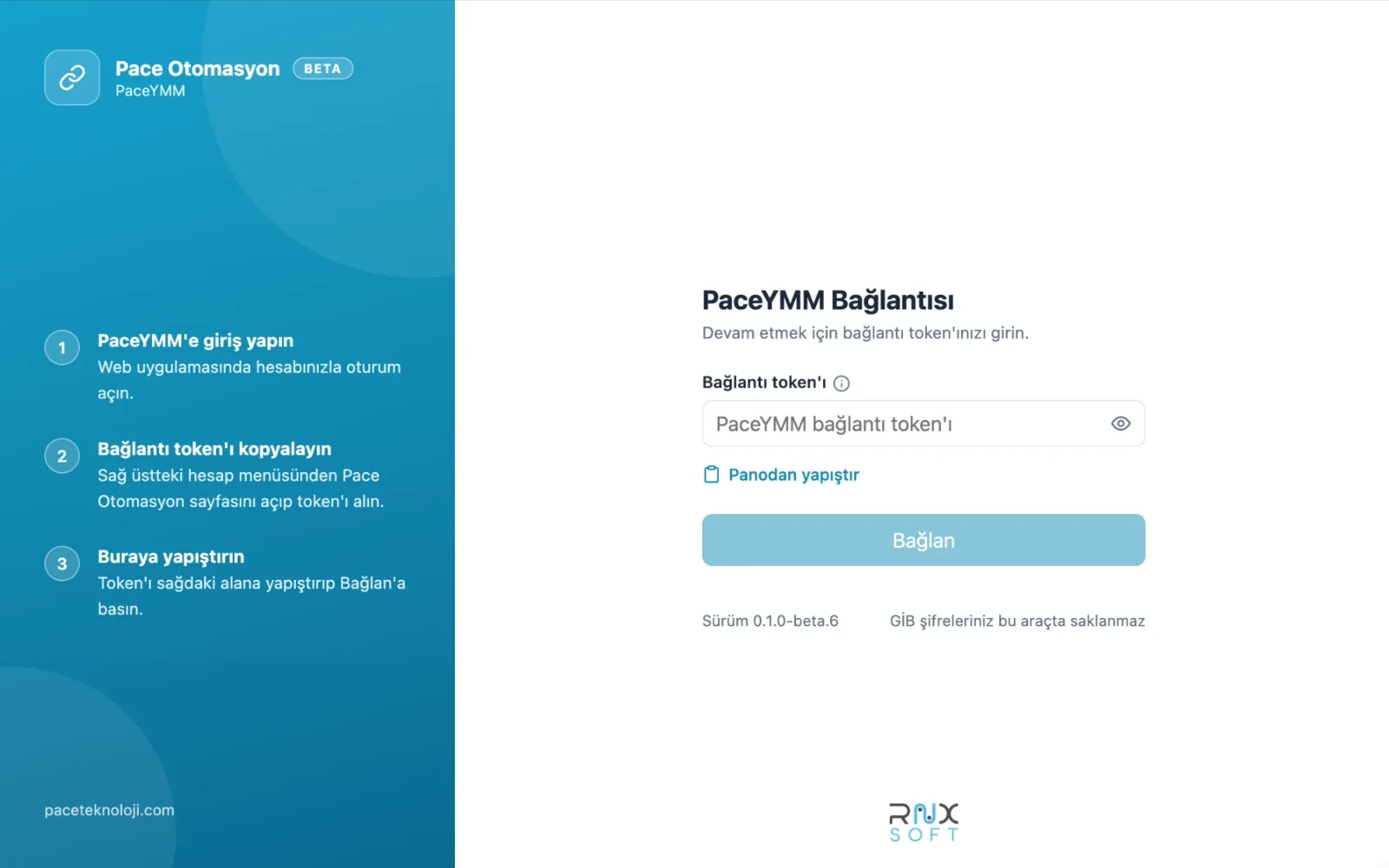 Pace Otomasyon bağlantı ekranı: PaceYMM bağlantı token'ı girişi ve üç adımlık bağlantı yönergesi